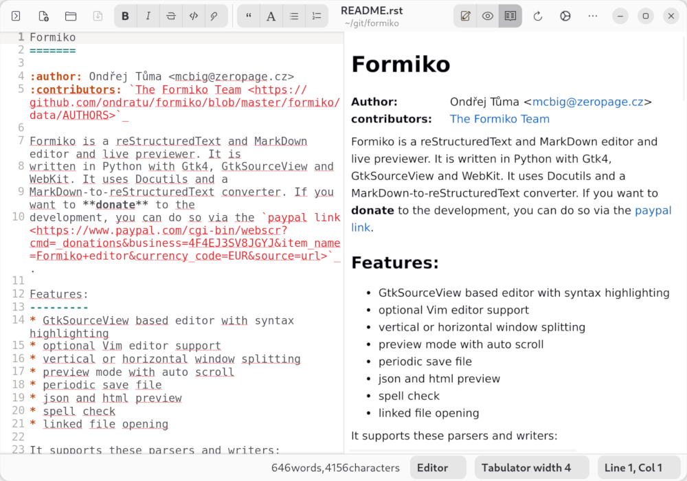 Formiko main window — editor and live preview side by side